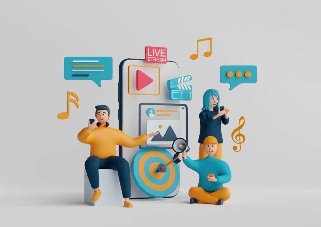 A 3D cartoon illustration representing the different kinds of content marketing methods through various multimedia channels.