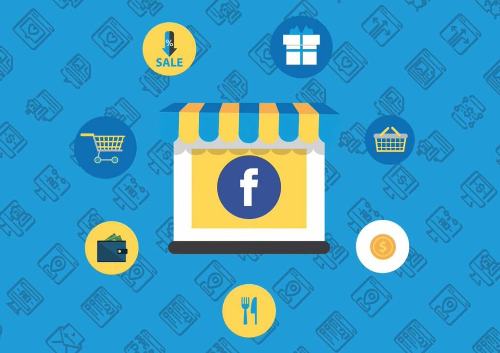 The logo of Facebook surrounded by various economic logos such as shopping basket, dollar sign, utensils, shopping carts, and gifts representing social media marketing.