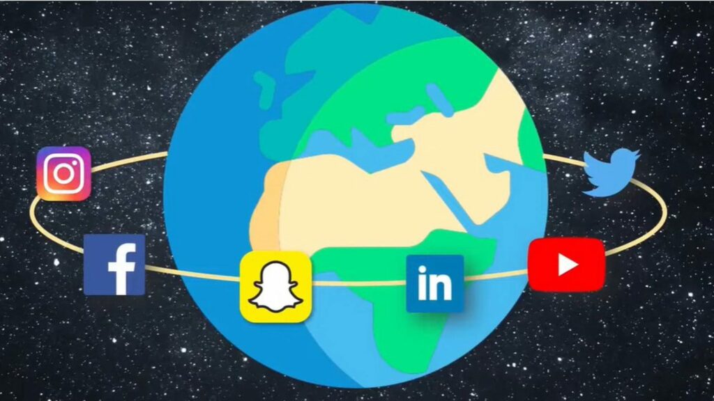 A cartoon earth with popular social media logos revolving around it with space as its background.