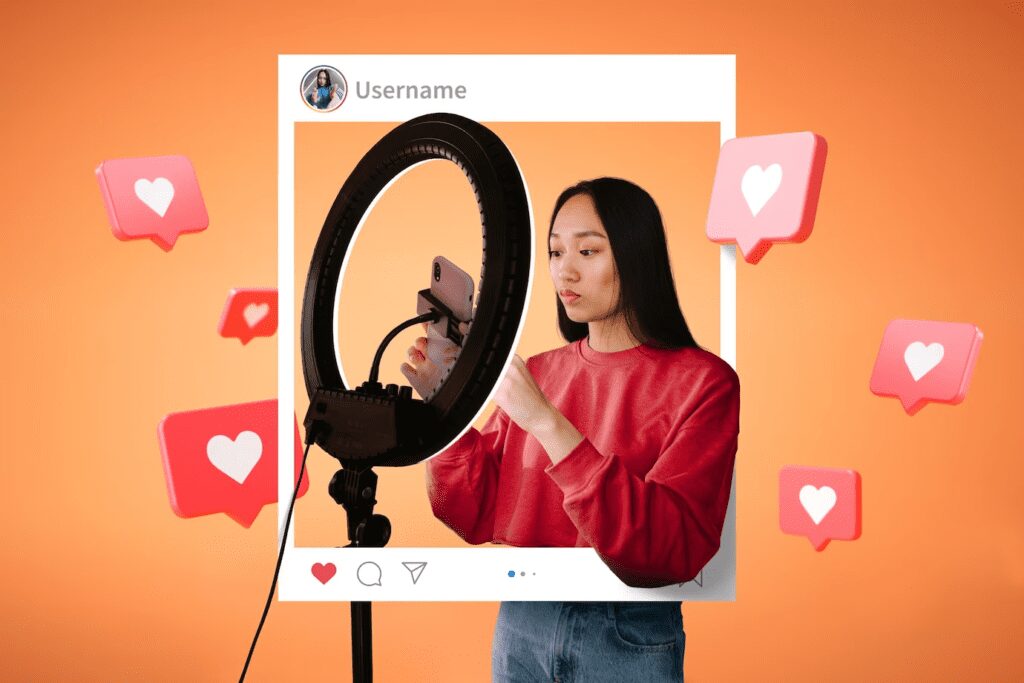 A girl in red shirt with lighting equipment with an orange background framed like an Instagram post.