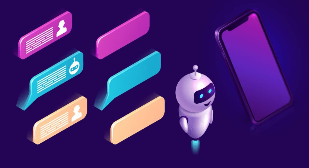 A robot with purple background with different chat bubbles indicating timelessness of AI in digital marketing trends.