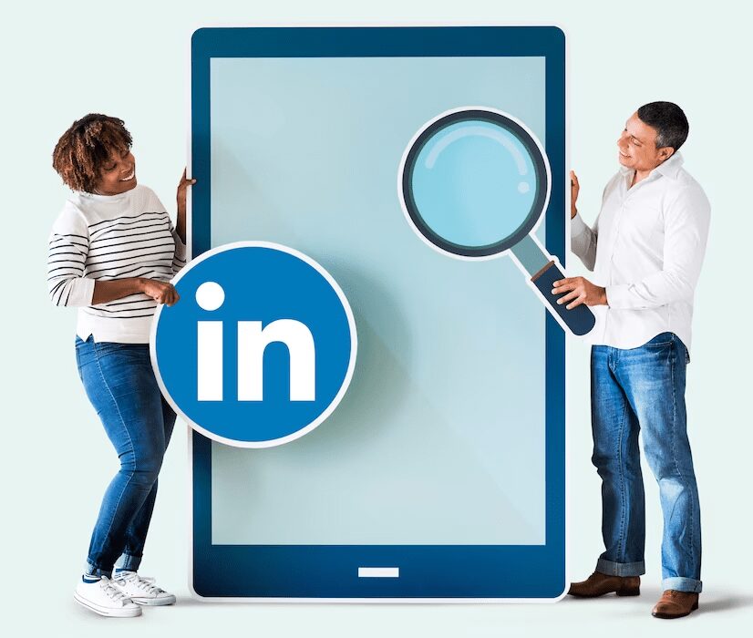 Two people; one holding LinkedIn's logo and the other one holding a magnifying glass while there's a giant phone in the middle as strategize a social media marketing strategy for LinkedIn.